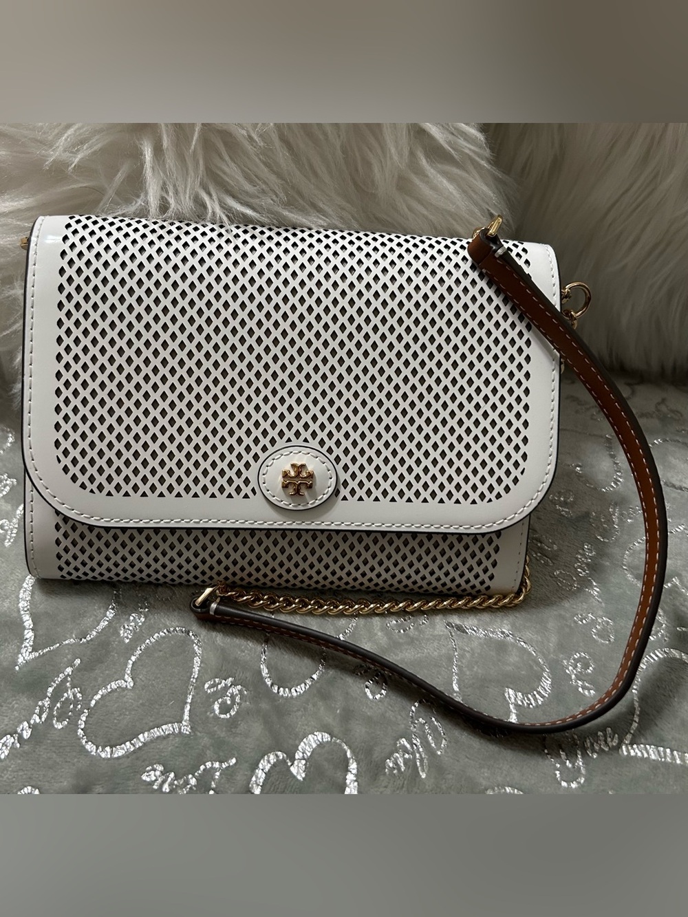 NWT Tory Burch, Sm White Fleming Diamond Perforated Convertible Leather Crossbod